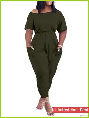 Plus Size Off Shoulder Jumpsuit Romper with Pockets Short Sleeve